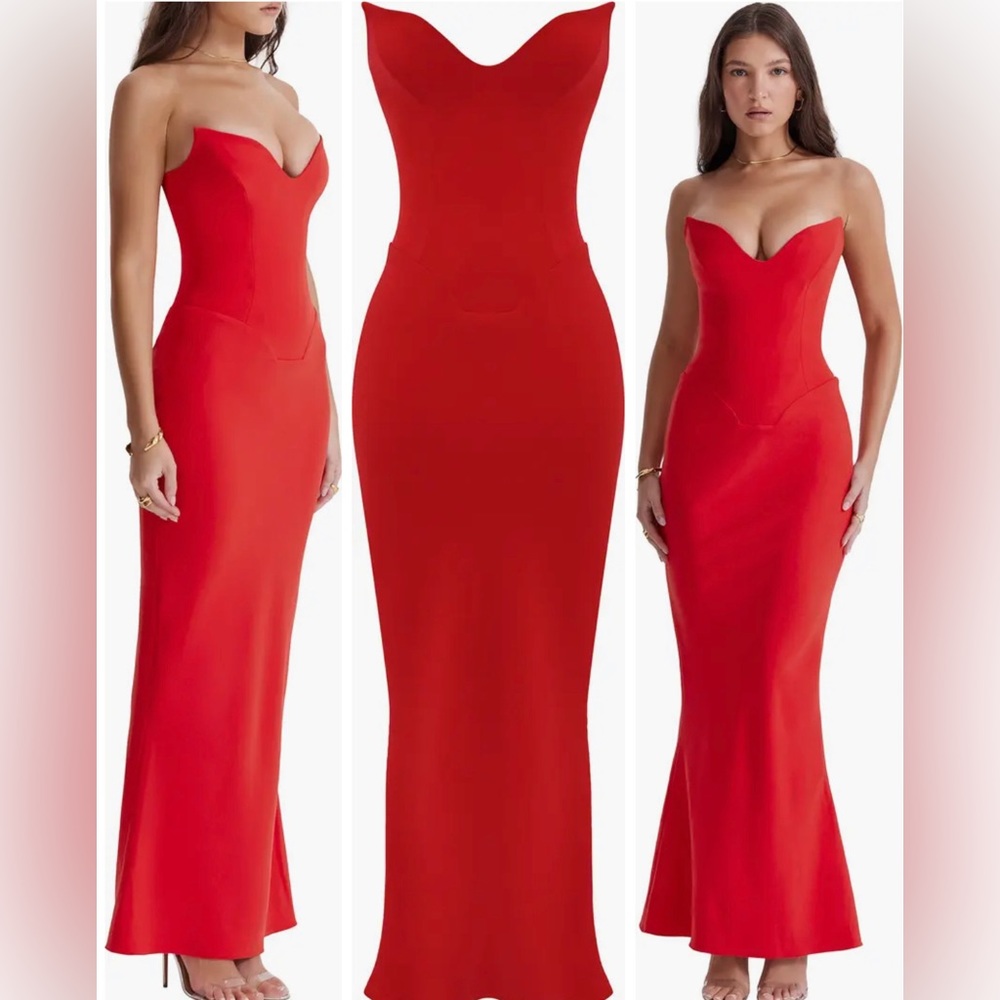 House of CB red corset strapless dress.